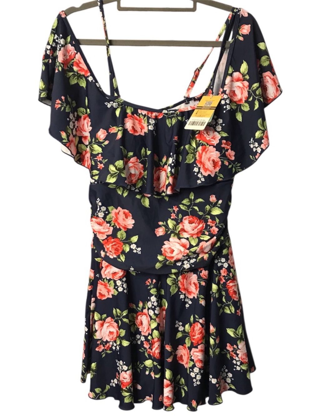 Shekini Navy Floral Off-Shoulder Swim Dress skirt overlay shorts